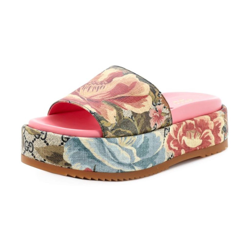 Gucci Floral Platform Slide Sandals - Pink and Blue